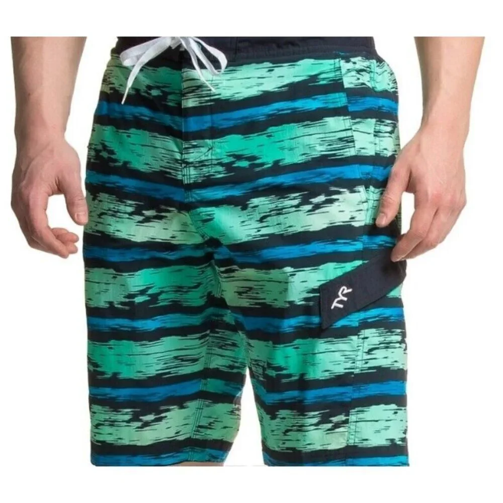 New Tyr Paint Stripe Boardshorts Mens XL Navy Turquoise Swim Trunks